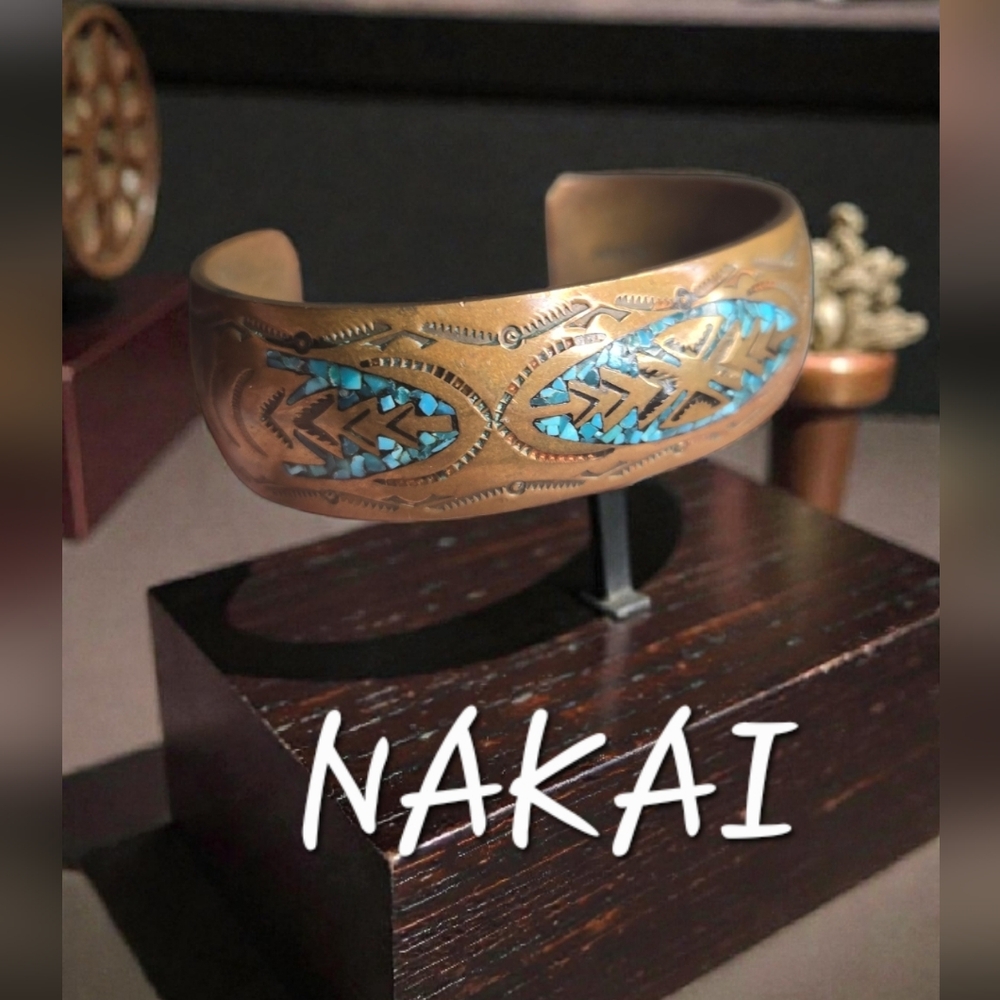 Signed Nakai Navajo Turquoise Inlaid Cooper Bracelet